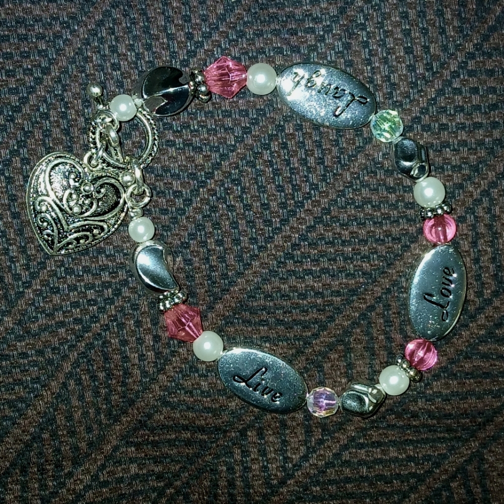 Silver and Pink Heart Charm Bracelet with Filigree Design